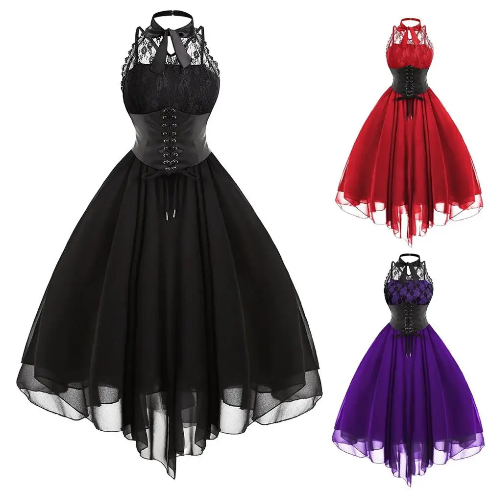 Готические вечерние платья с бантом женское винтажное черное платье без рукавов с перекрещивающимися сзади кружевными вставками корсет свободное платье vestidos Femme#0911
