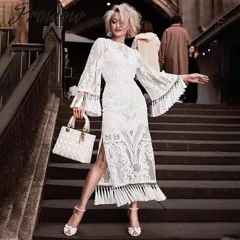 

Prowow New 2020 Spring Summer Vintage Embroidery Fringe Tassel Bodycon Midi Dress Flare Transparent Lady Party Dress