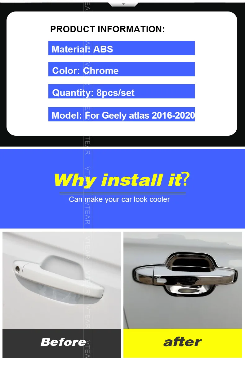 Vtear Дверная ручка Крышка наружная дверная чаша хромированная Накладка для стайлинга внешние аксессуары автомобиля аксесуары для Джили Атлас Geely Atlas Emgrand NL-3 Proton X70 auto