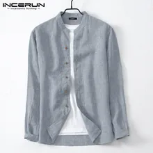 INCERUN Повседневная рубашка с воротником-стойкой для мужчин с длинным рукавом, одноцветная винтажная рубашка на пуговицах в уличном стиле, брендовые классические рубашки для мужчин, Harajuku