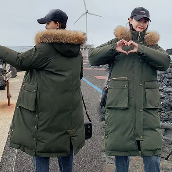 

2019 Winter Big Pocket Down Cotton Padded Parkas Women Casual Fur Collar Hooded Female Green Warm Thick Long Coat Plus Size 3XL