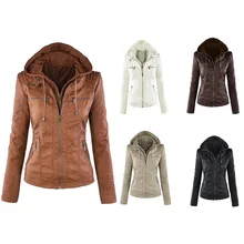 

New Fashion PU Leather Jecket for Women Hooded Long Sleeve Solid Coat for Women White Leather Jacket