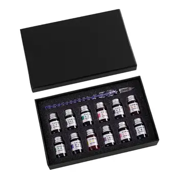 

12 Colors Bottled Dip Glass Pen Ink With 1Pc Blue Fountain Dip Writing Signature Pen Art Supplies Gifts