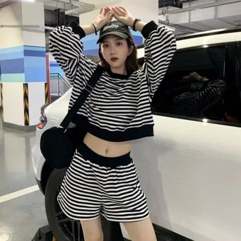 

Recreational easing round collar stripe BoWei clothes high waist wide-legged pants suit pinstripe suit female