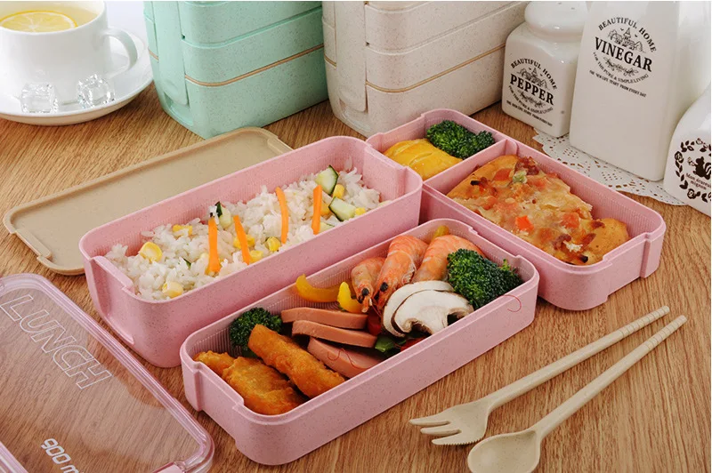 Японский Bento Ланч-бокс для детей, школьные контейнеры для приготовления еды, 3 штабелируемые Ланчбокс из пшеничной соломы, микроволновая печь, герметичный, без бисфенола