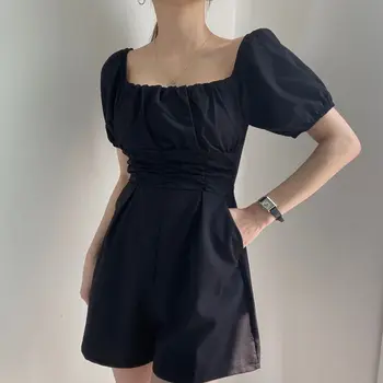 

2020 Summer Korean Vintage Rompers Womens Jumpsuit Short Sleeve Sexy Square Neck Pocket Ladies Playsuits Casual Loose Overalls