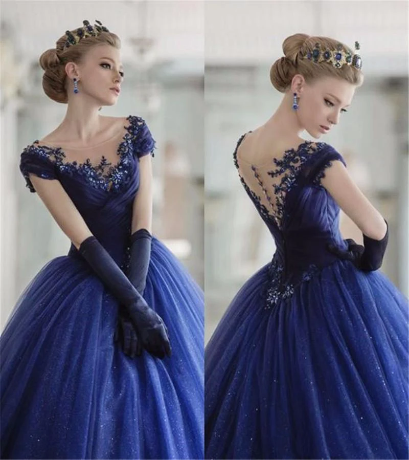 picture color Бальное платье Бальные платья с глубоким вырезом и короткими рукавами с кружевной аппликацией из тюля темно-синие милые 16 вечерние платья для выпускного вечера дебютные платья - Цвет: picture color