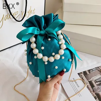 

[BXX] Small Silk Bucket Bags For Women 2020 Fashion Summer Pearl Design Shoulder Handbags Female Travel Cross Body Bag HN355