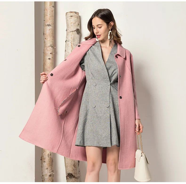 New Wool Coat Women Autumn Long Wool Jacket Pink Korean Coat Ladies Coats and Jackets Abrigos Mujer Elegante F9020