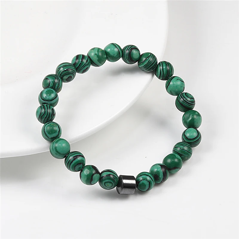Мужские дистанционные браслеты зелёные малахитовые бусы из гематита натуральный камень браслет для женщин мужчин пара Йога ювелирные изделия pulseras hombre - Metal Color: Green malachite