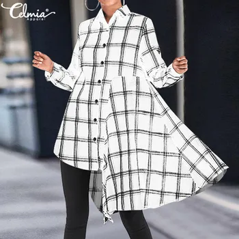 

Oversized Tops Celmia Autumn Long Sleeve Women Plaid Blouses Asymmetrical Long Shirts Casual Loose Buttons Work Blusas Femininas