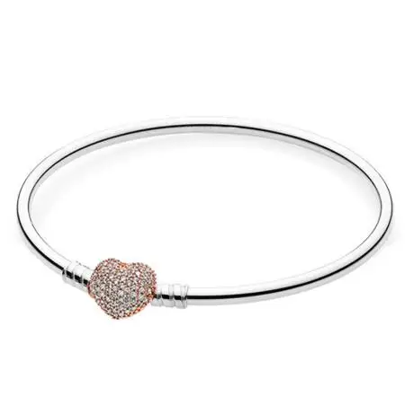 

Original 925 Sterling Silver Bangle Rose Gold Moments Pave Heart Clasp Crystal Bracelet Fit Women Bead Charm Diy Fashion Jewelry