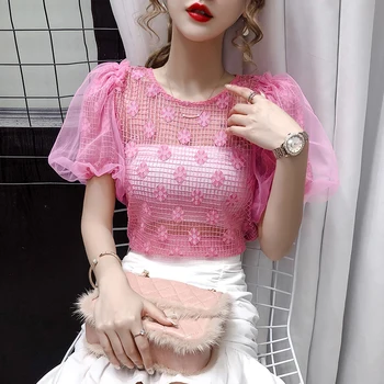 

COIGARSAM Sexy Lace blouse women New Summer Patchwork Loose Puff Sleeve Hollow Out blusas womens tops and blouses Pink 6873
