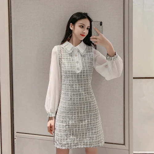 Новое корейское шифоновое и шерстяное лоскутное платье из двух частей Женские