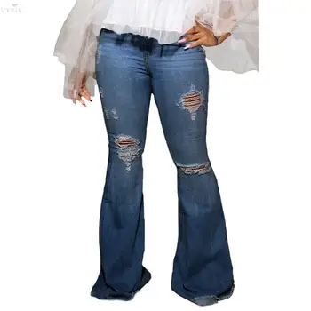 

Denim Jeans Pants Women Retro Solid Color Plus Size Jeans Hole Ripped Flare Pants Women Trousers Skinny Casual High Waist Pants