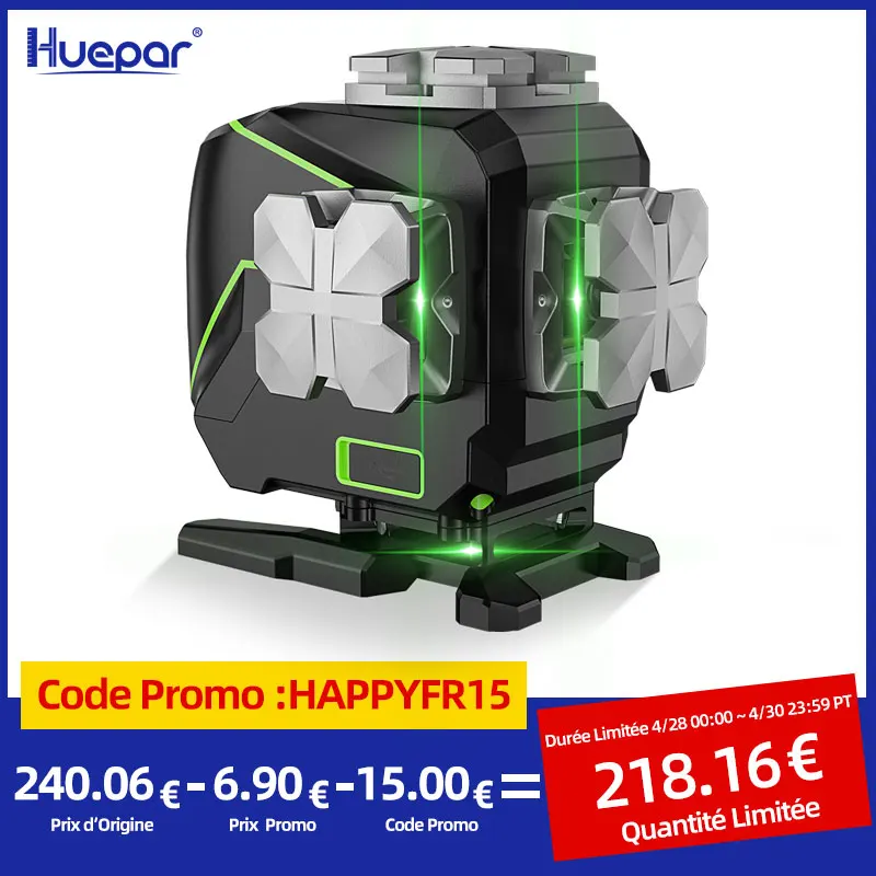 Huepar 12 Lines 3D Cross Line Laser Level LCD Display Bluetooth & Remote Control Functions Green Beam With Hard Carry Case S03DG
