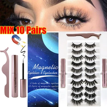 

10 Pairs Mixed Magnetic Eyelashes With Eyeliner Kit Natural Fluffy Wispies Lashes With Tweezer Waterproof Long Lasting Eyelash