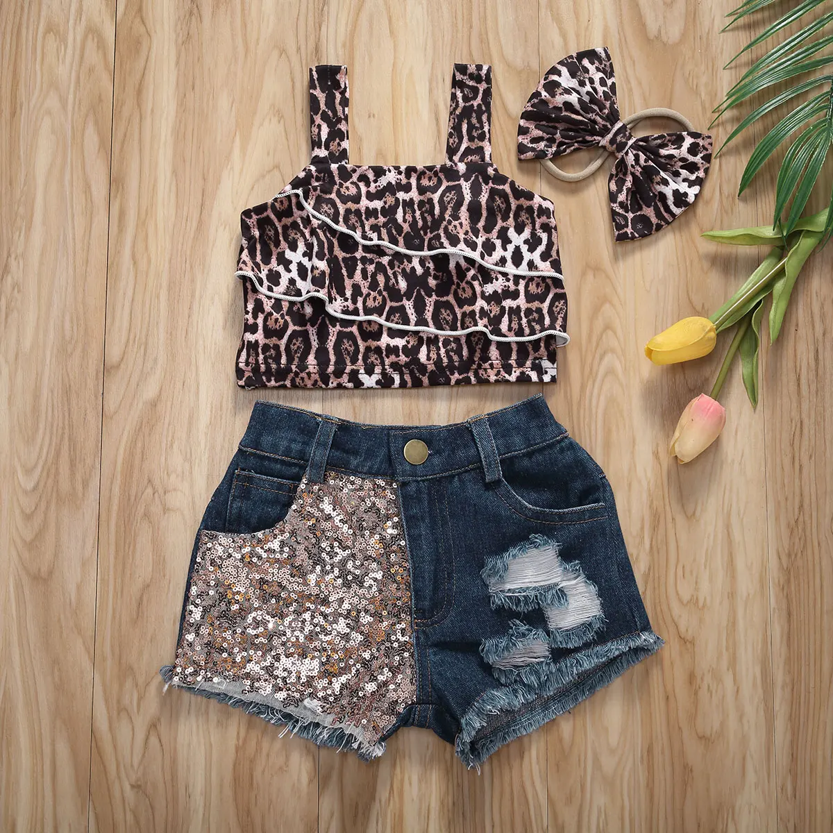 Baby Girl Clothing Set 0-3Y Denim Outfits for Toddler Baby Girls Sleeveless Leopard Crop Tops vest Hipster Jean Pants Shorts Summer Clothes Set kids clothes set,baby girl clothing set