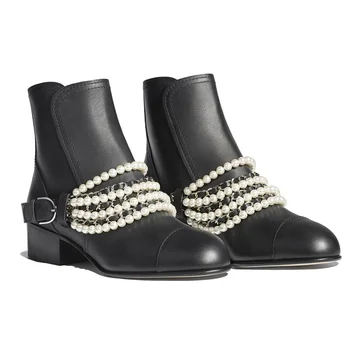 

Womens Round Toe Pearls Metal Chain Decro Ankle Boots Genuine Leather Block Heel Chelsea Back Zipper Shoes Black White New F75