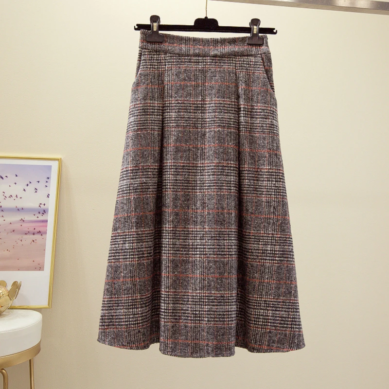 linen plaid skirt Woherb Осень Зима Новое поступление винтажная модная Клетчатая Шерстяная Юбка Женская Повседневная Свободная юбка с высокой талией Femme Jupe Femme 91263 - Цвет: linen plaid skirt