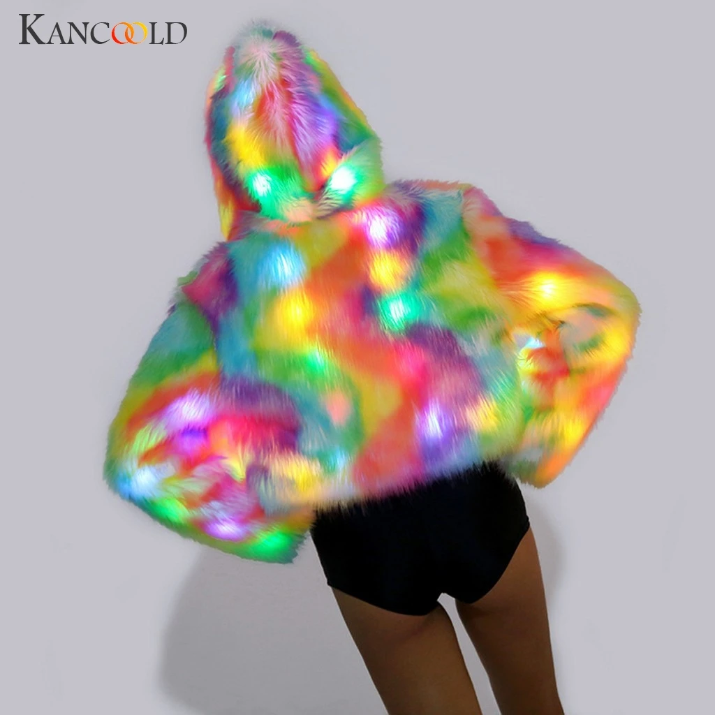 KANCOOLD женские зимние пальто модная куртка с капюшоном цветные, светодиодные, светящиеся флэш-Имитация Плюшевые пальто и Куртки Для женщин 2019AUG29