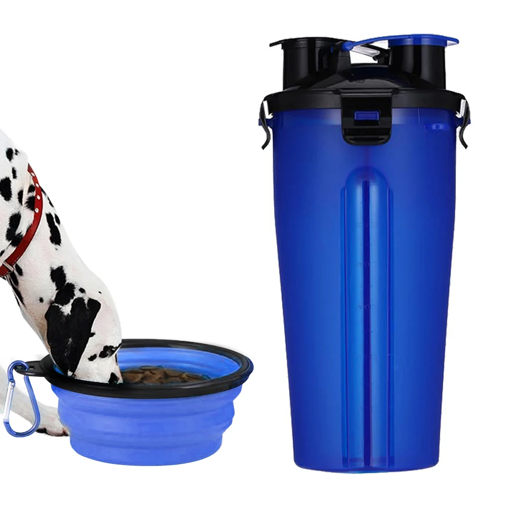 2 в 1 безопасная бутылка для питья и воды для домашних животных, складная миска для корма для собак, чашка для путешествий на открытом воздухе - Цвет: Blue-2