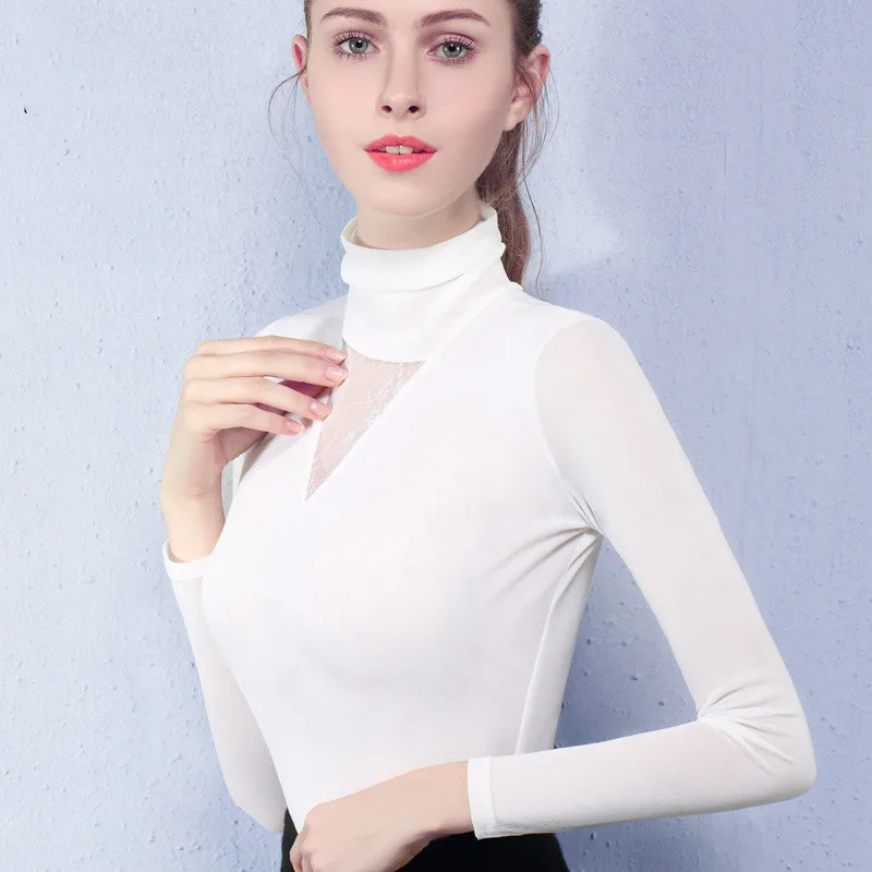 Осенняя Корейская женская футболка Ulzzang, сексуальная Офисная Женская рубашка с длинным рукавом, из кусков, с кружевной подложкой, Женская водолазка, модные топы, футболка - Цвет: WHITE