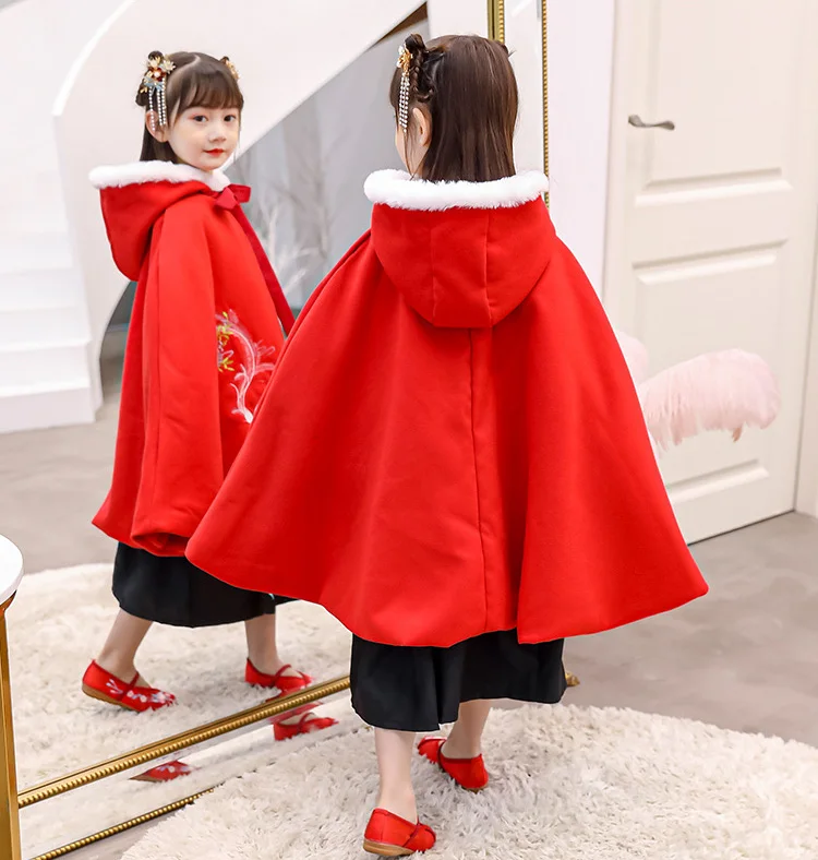 Hanfu/зимняя Длинная накидка с вышивкой для девочек; детская Мантия в китайском стиле; Рождественская накидка с капюшоном; Новогодняя одежда