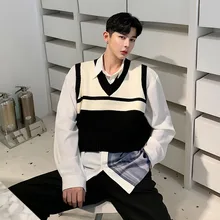 Мужская винтажная мода v-образным вырезом без рукавов полосатый вязаный пуловер свитер жилет Мужская женская уличная Повседневная короткий жилет свитер