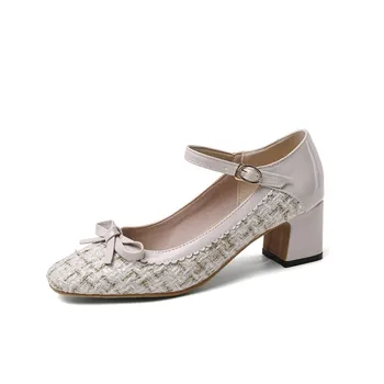 

Big Size Square head bow sweet single shoes ladies high heels women shoes woman pumps