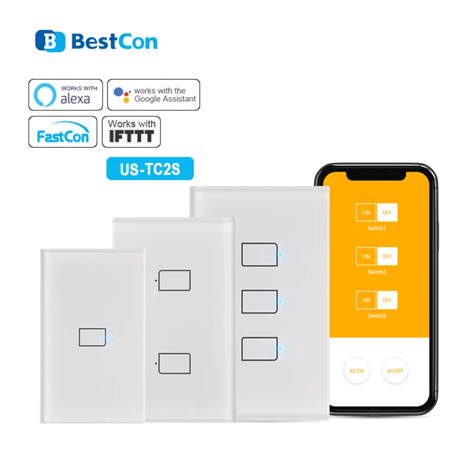 

2020 Broadlink TC2S US Standard 1/2/3Gang 433MHZ Connection Wall Touch Panel Light Switch Remote Control For Smart Home System