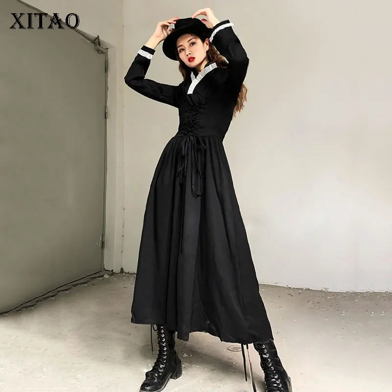 XITAO Плиссированное длинное черное платье женские тонкие ленты элегантные маленькие свежие Лоскутные оборки с высокой талией повседневные стильные платья WLD2873