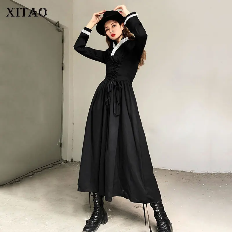 XITAO Плиссированное длинное черное платье женские тонкие ленты элегантные