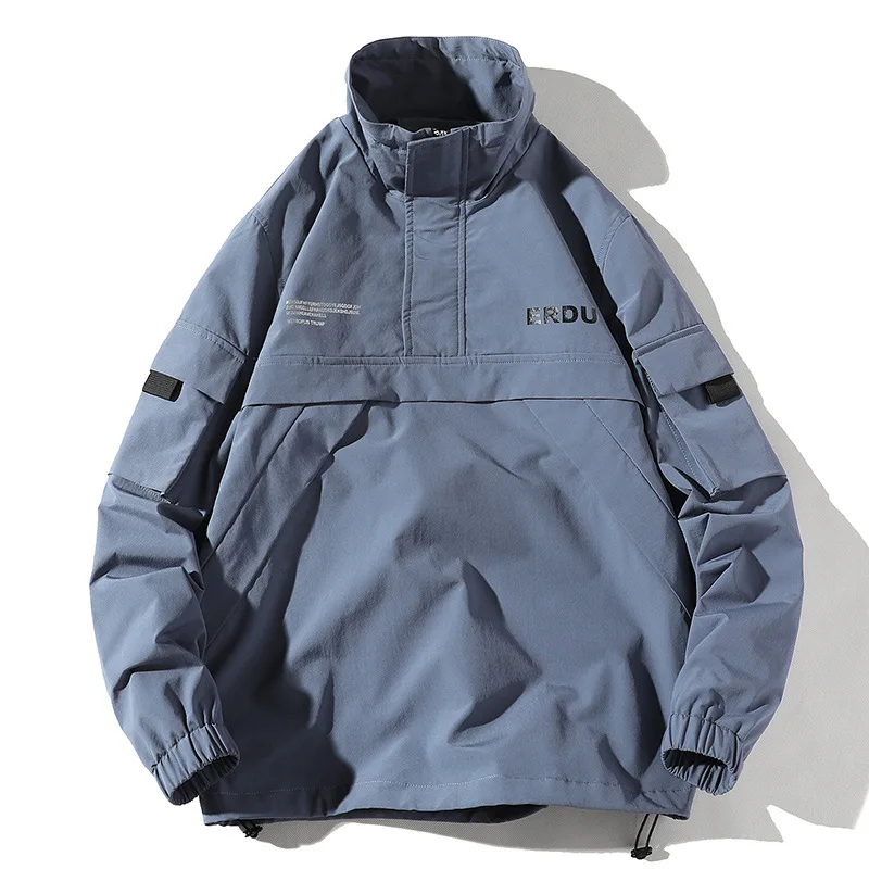 Men Hip Hop Streetwear Jacket Coat Retro Color Block Patchwork Harajuku Jacket Windbreaker Oversized Jacket Pocket