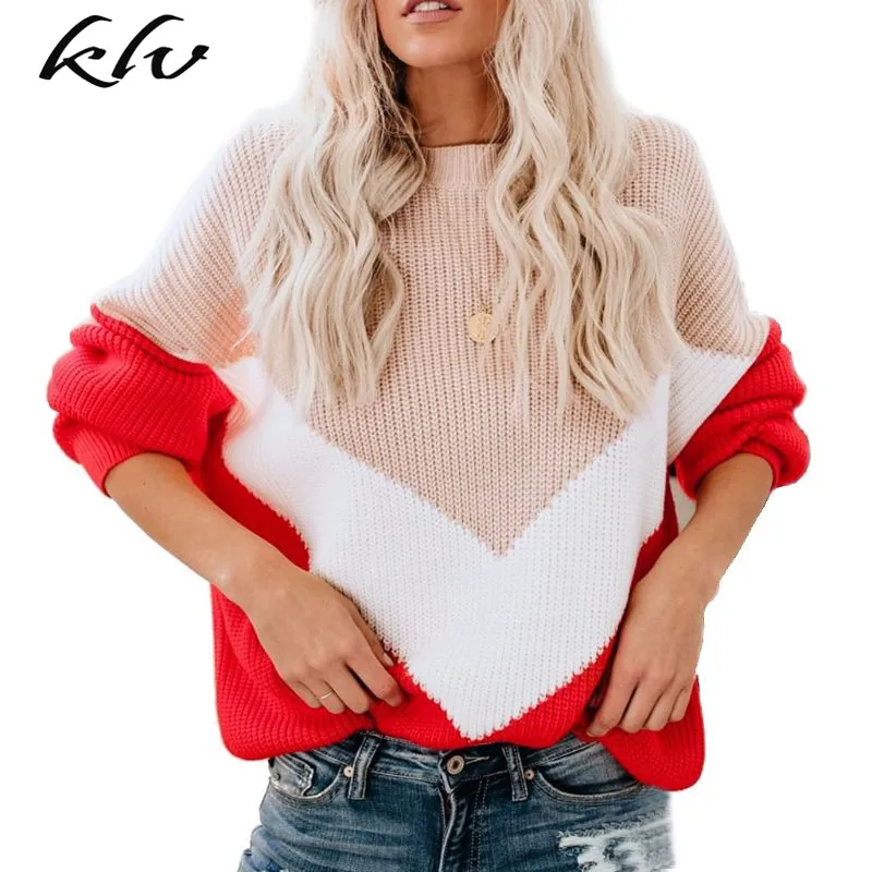 

2019 Autumn Women Ladies Slimming Color Stiching Sweater Knitted Pullover Sweater Jumper Oversized Ulzzang Female Outwear