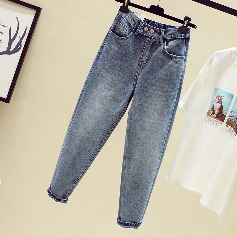 

Women Plus Size Elastic Waist Double Button High Waist Jean Ankle-length Denim Straight Harem Pants Trousers Boyfriend Jeans