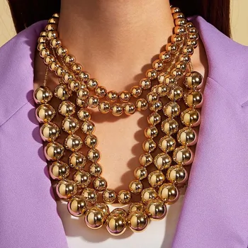 

States cross-border jewelry personality ball tassel punk sautoir exaggerated geometry beaded metal multilayer necklace