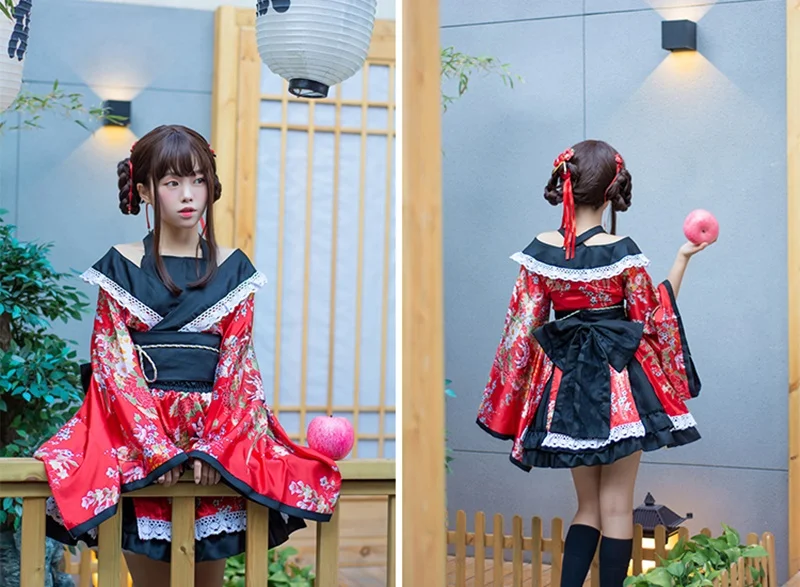 Платье-кимоно для девочек Lovelive, японский каваи, маскарадный костюм с цветочным рисунком, нарядная Восточная юката, Женская кружевная праздничная одежда в стиле Лолиты, FF2409