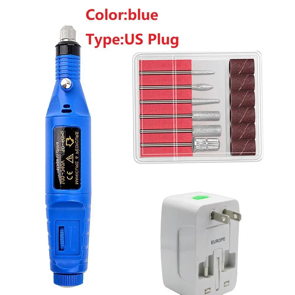 blue US Plug Профессиональный Электрический Маникюрный аппарат, пилочка для ногтей, оборудование для дизайна, ручка для полировки ногтей, набор для полировки, вилка европейского стандарта/вилка стандарта США - Цвет: blue US Plug