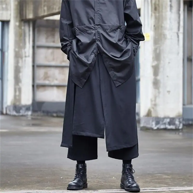 Men's nine minute trousers spring and summer new loose yamamoto style men's and women's skirt trousers fake 2 pieces