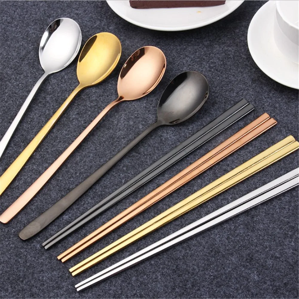 

Korean cuisine spoon chopsticks tableware stainless steel spoon chopsticks creative mirror polished titanium round solid spoon