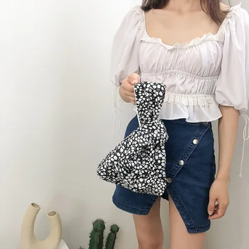 

Flower Printed Wrist Bag Women Tote Handbag Pouch Female Tie Knot Portable Purse Canvas Classic Elegant Shoulder Handbag
