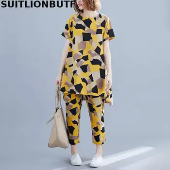 

2020 Summer Plus Size Cotton And Linen Two Piece Set Women Geometric Print Loose T Shirt Elastic Waist Harem Pants 2 Piece Set