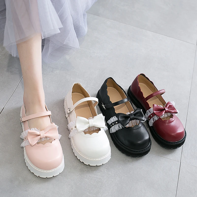 Sweet lolita shoes detachable bowknot bandage mid heel round head women shoes comfortable kawaii girl loli cosplay shoes zapatos slingbacks for work	