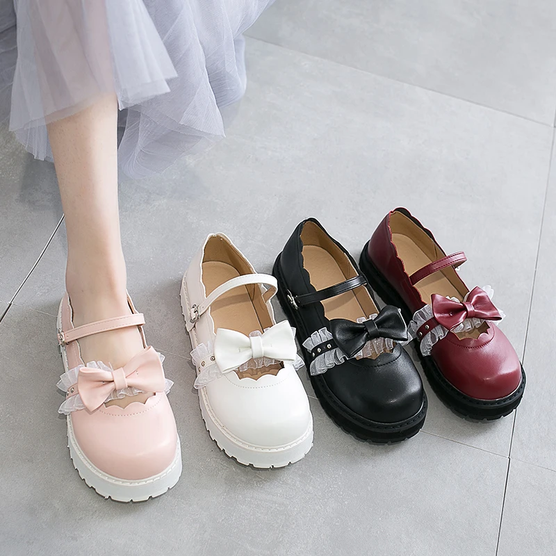 Japanese Sweet Lolita Shoes Pink White Red Black Bow Harajuku Heels ...