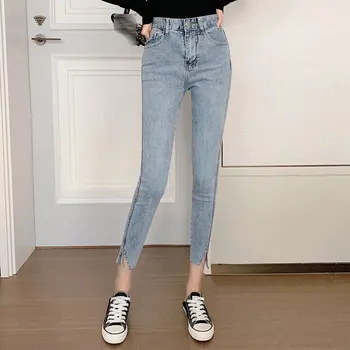 

Korean tight high-waist jeans female straight straight high-height thin trousers oblique slit nine points pencil pants 2020