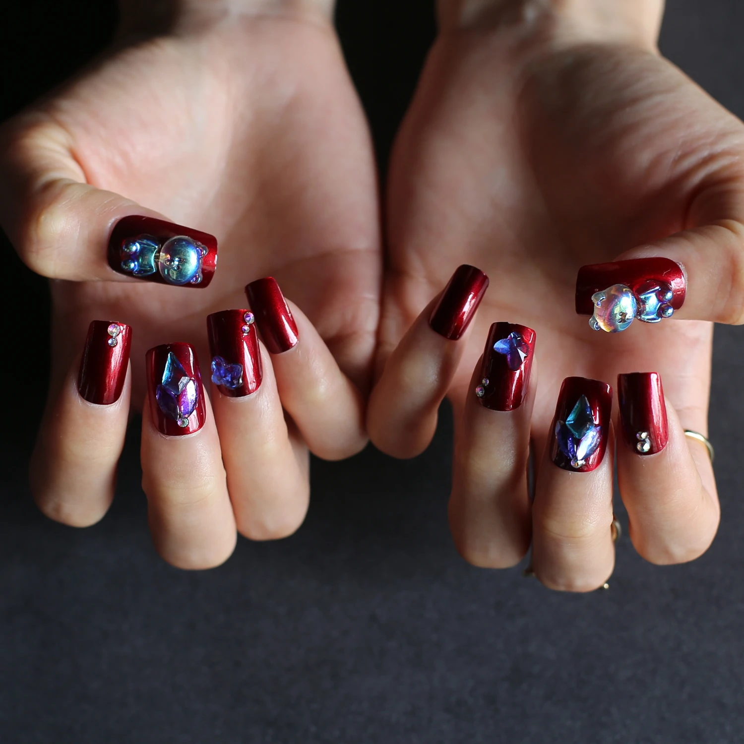 Square Bobblehead bear decorated with red False nails Gel Pres on nails  Acrylic nails Purple rhinestones Fake nails| | - AliExpress