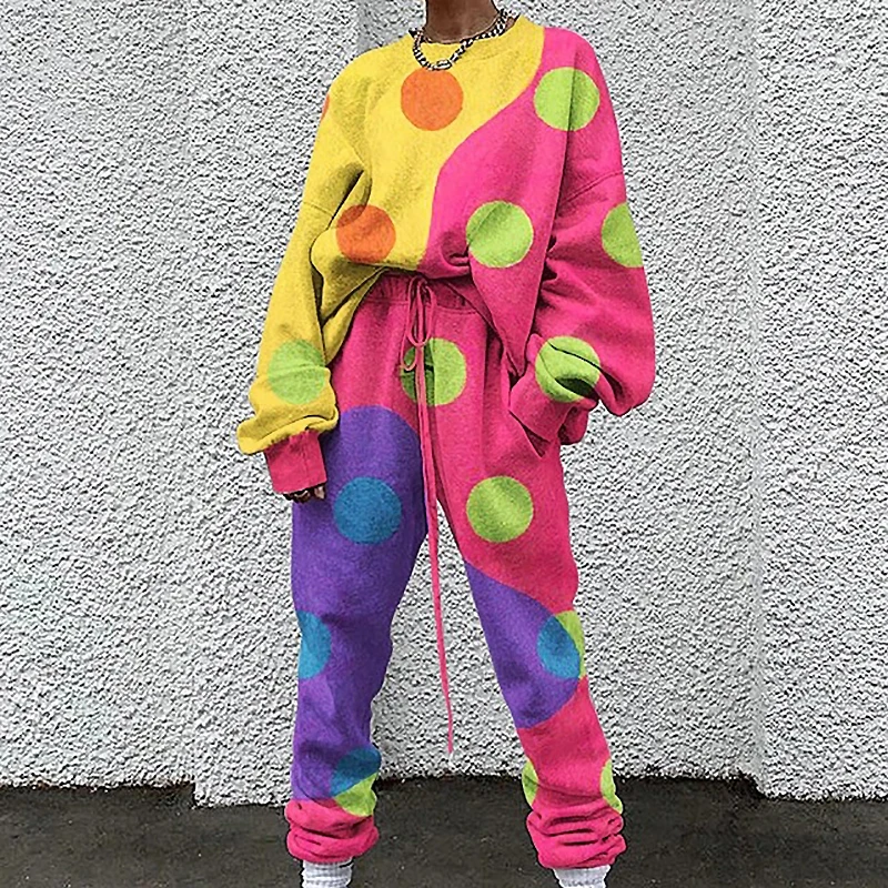 

Women Autumn Casual Colorful Printed Two Piece Set Oversized Pullover Sweatshirt And Long Pant Female Vintage Pocket Sports Suit