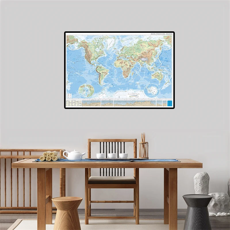 59*42cm The World Orographic Map In Spanish Small Poster Canvas Painting Wall Art Picture Living Room Home Decoration