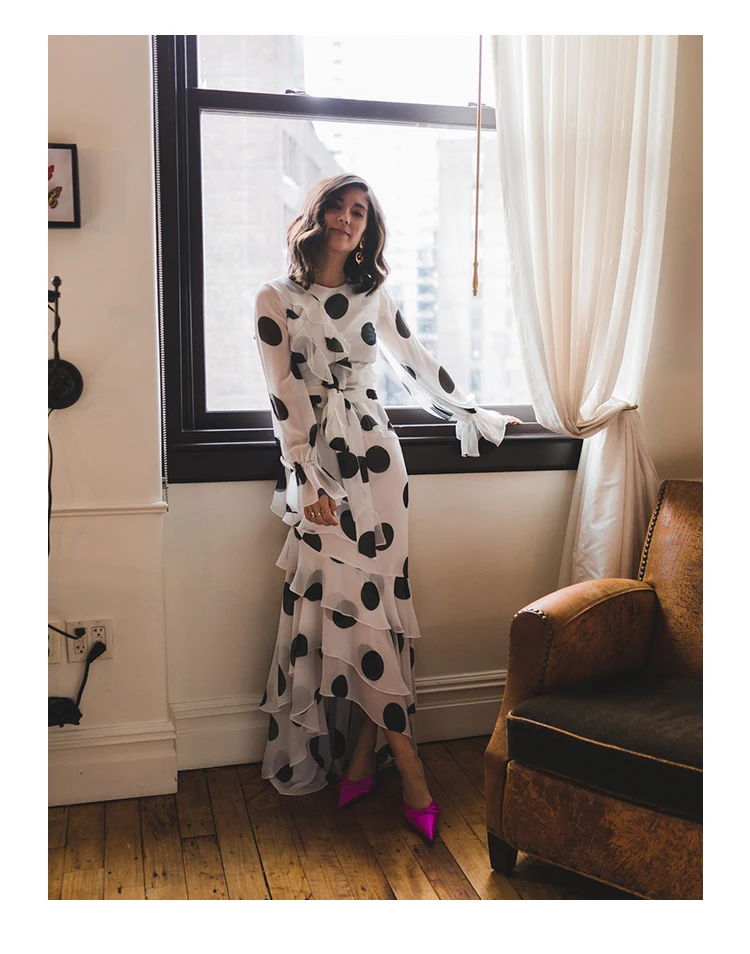 Новая весенняя модная женская одежда Лотос печать в горошек шифоновое платье для отпуска женское круглое расклешенное шифоновое E222